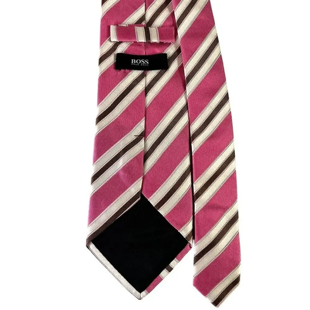 Boss Men's Diagonal Stripe Repp Silk NeckTie Made In Italy Multicolor Pink/Brown